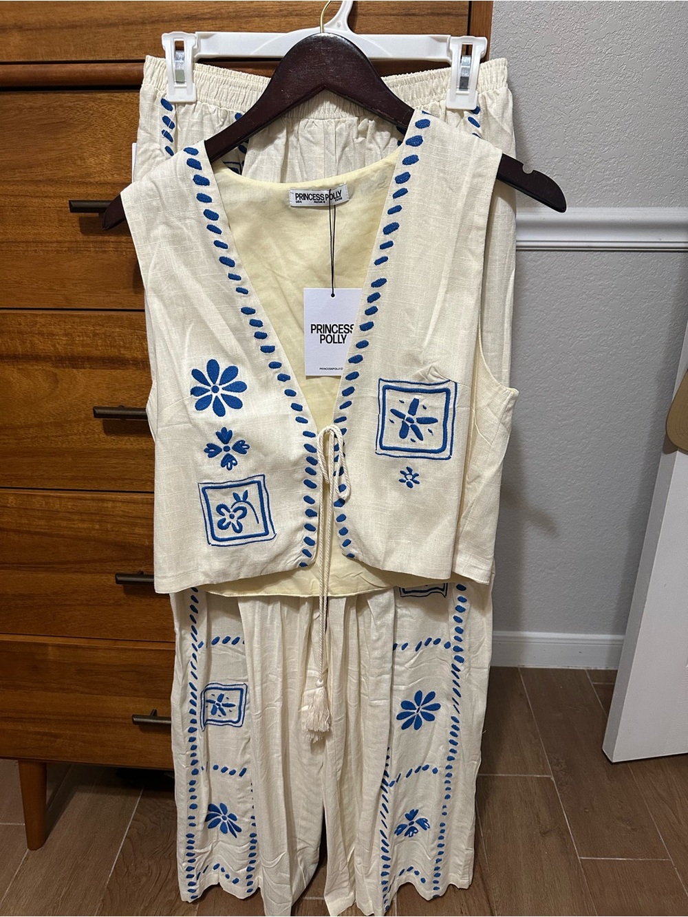 Princess Polly Cream & Blue Embroidered Two-Piece Jumpsuit Set
